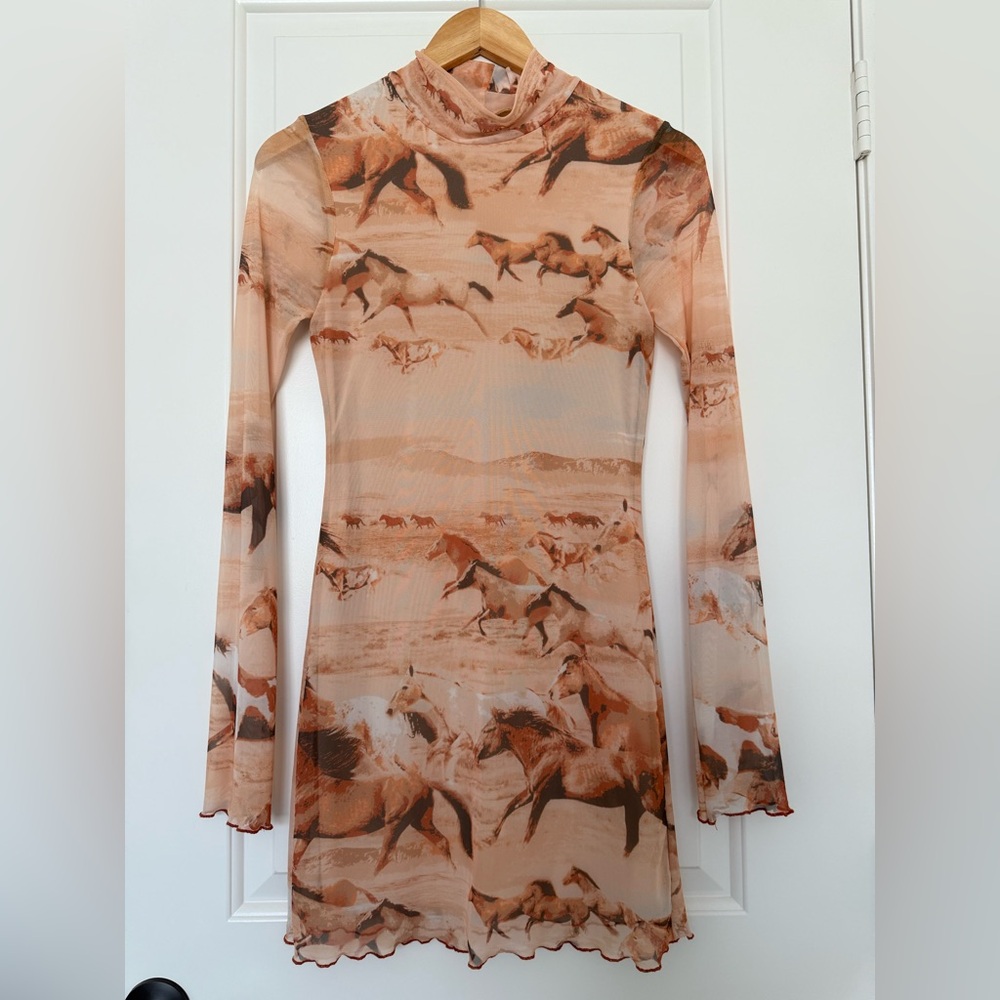 UO Alessia Wild Horse Print Mesh Mock Funnel Neck Mini Dress Sheer Y2K Medium - Picture 3 of 11